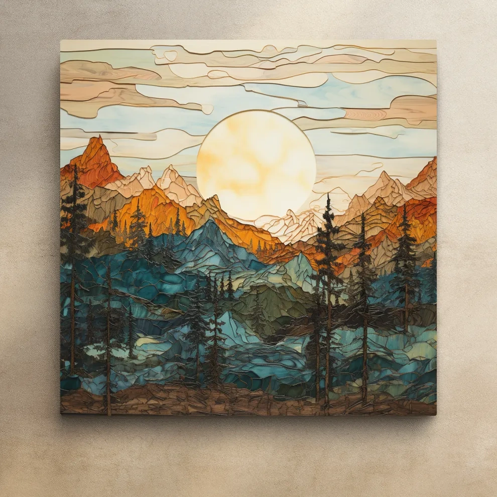 Stained Glass Mountain Sunset Landscape - Colorful Mosaic Forest Wall Art