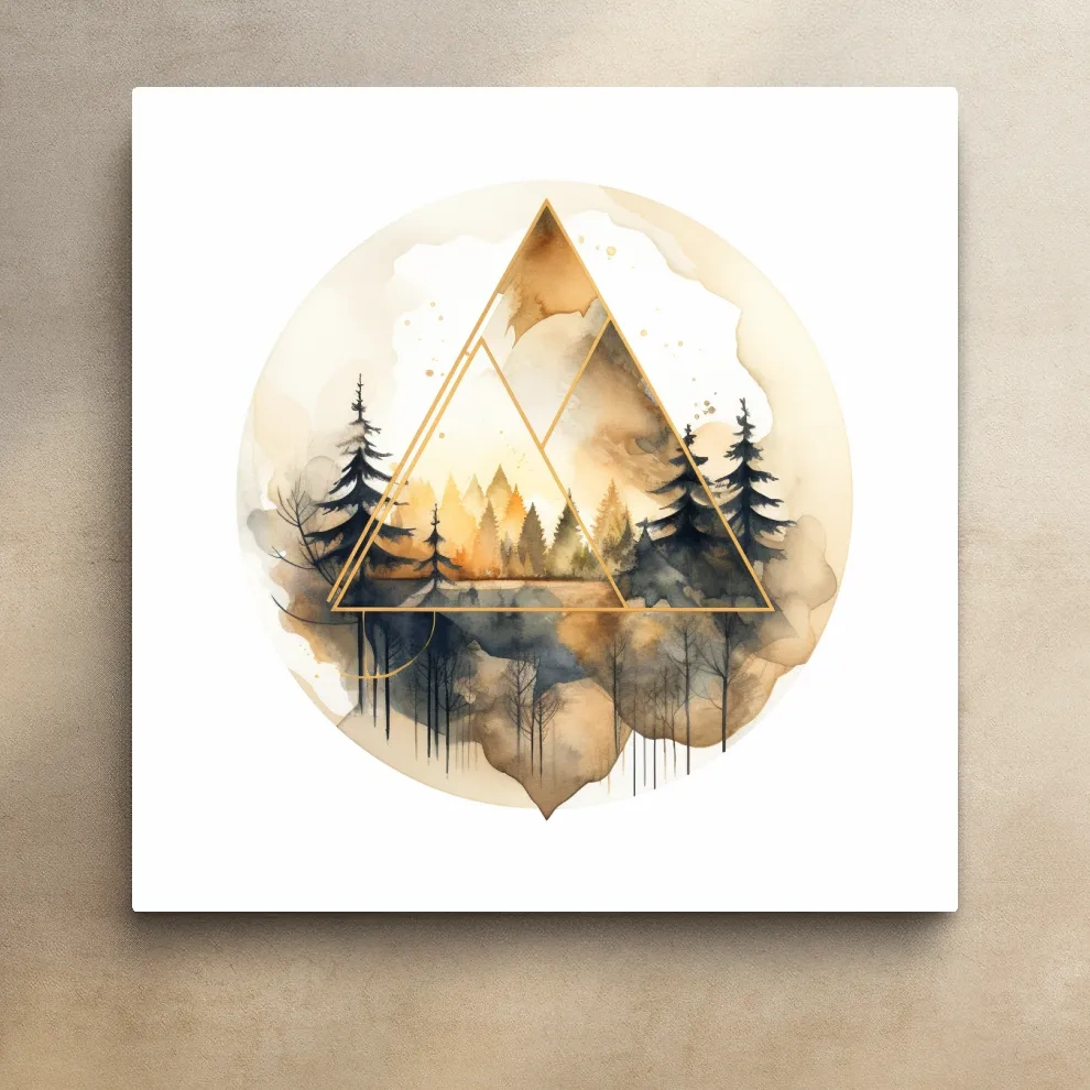 Rustic geometric forest watercolour painting, minimal and elegant