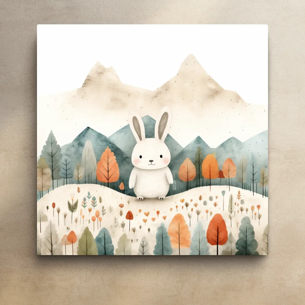 Cute Watercolor Bunny In Mountain Forest - Whimsical Nursery Woodland Wall Art