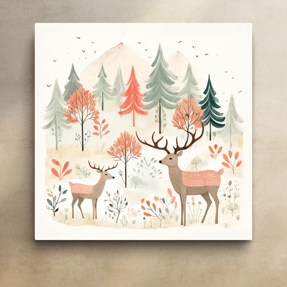 Whimsical Watercolor Deer Forest Storybook Scene - Scandinavian Woodland Nursery Wall Art