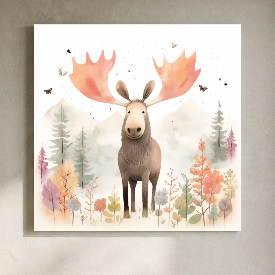 Whimsical Watercolor Moose In Pastel Forest - Storybook Nursery Animal Wall Art