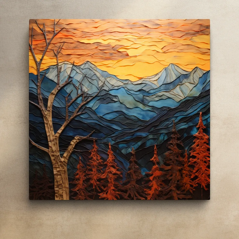 Alpine mountain sunset, layered mixed media style artwork