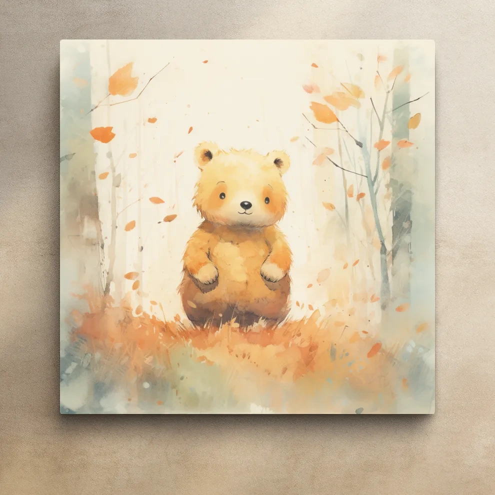 Cute bear cub in the forest, nursery watercolour style illustration art