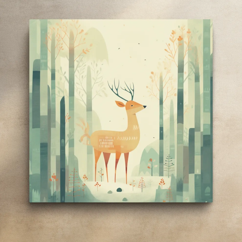 Deer in a forest, quirky nursery artwork illustration