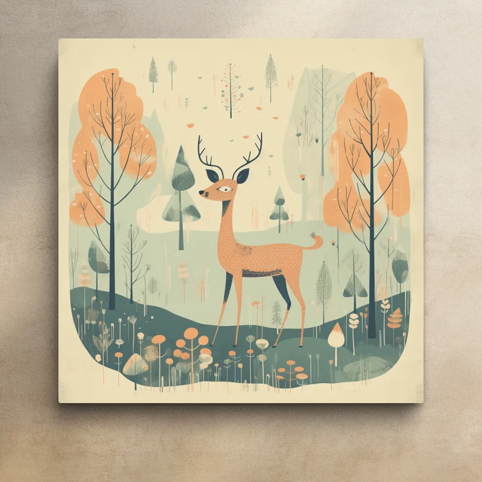 Deer artwork illustration for a nursery, folk art style