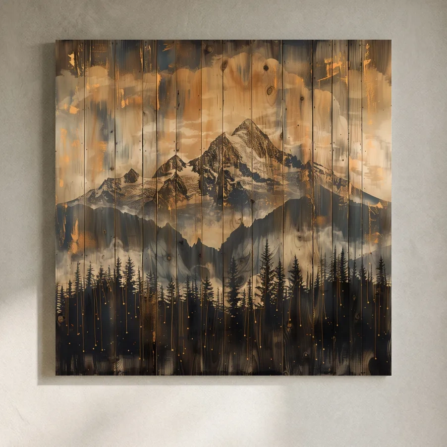 Rustic Mountain Range Over Pine Forest - Vintage Wood Panel Style Landscape Artwork