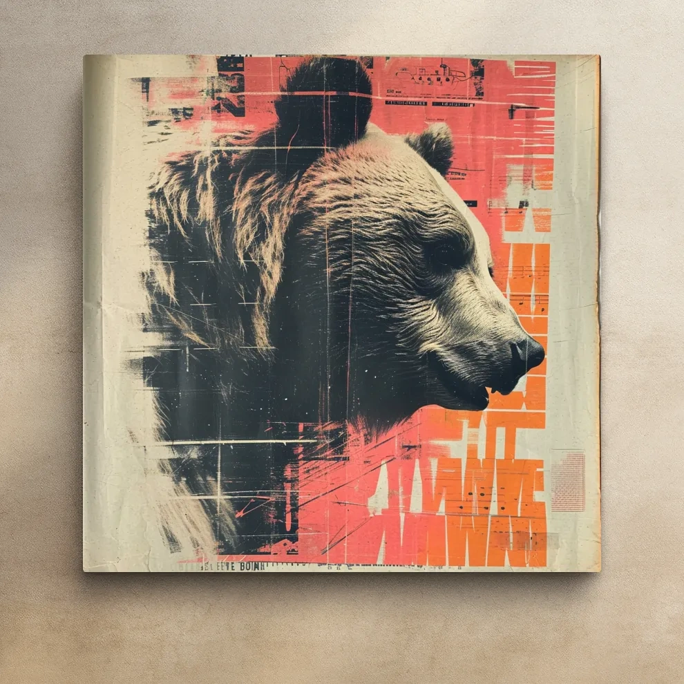 Grizzly bear artwork, magazine collage style art illustration