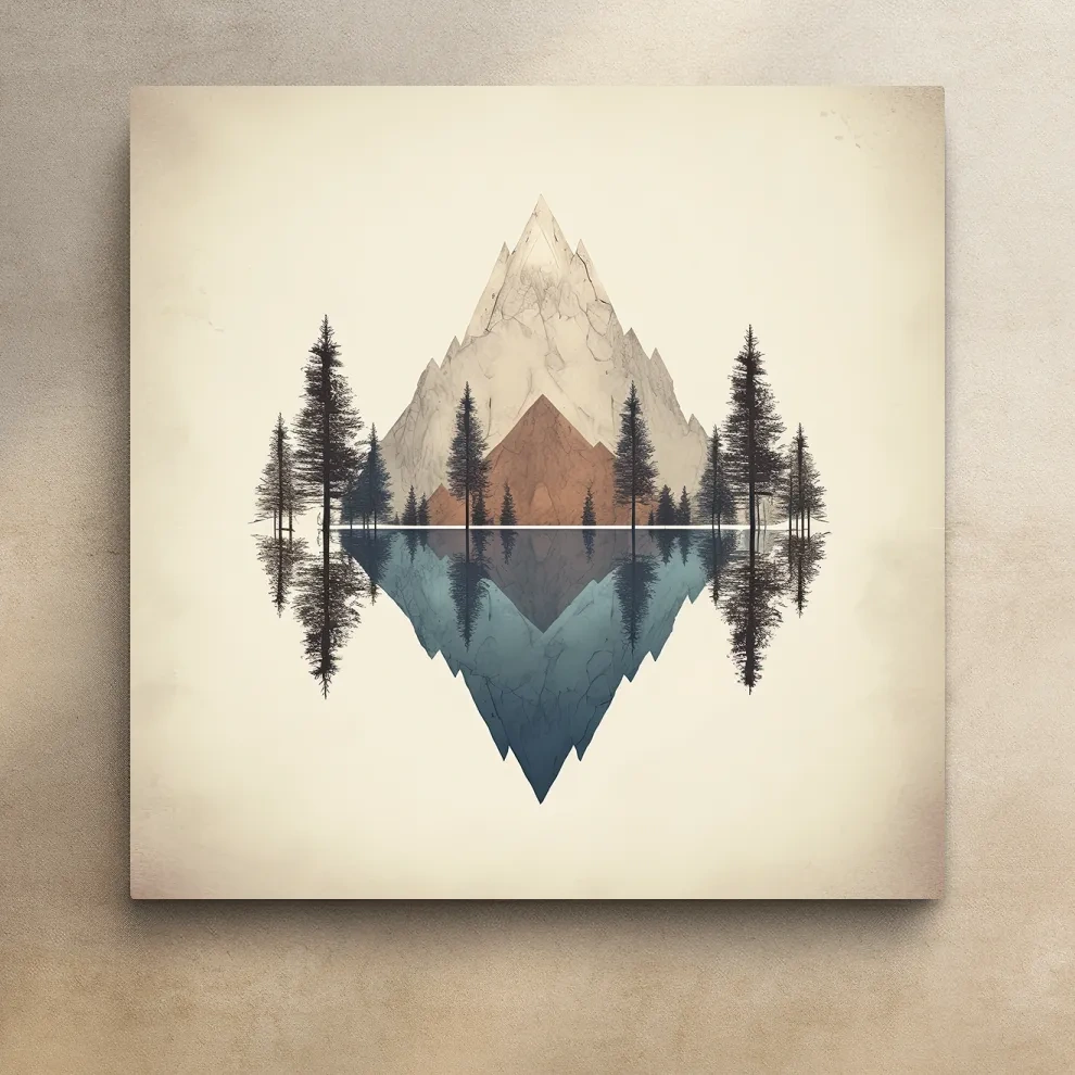 Minimalist Geometric Mountain Lake Reflection - Pine Forest Landscape Wall Art