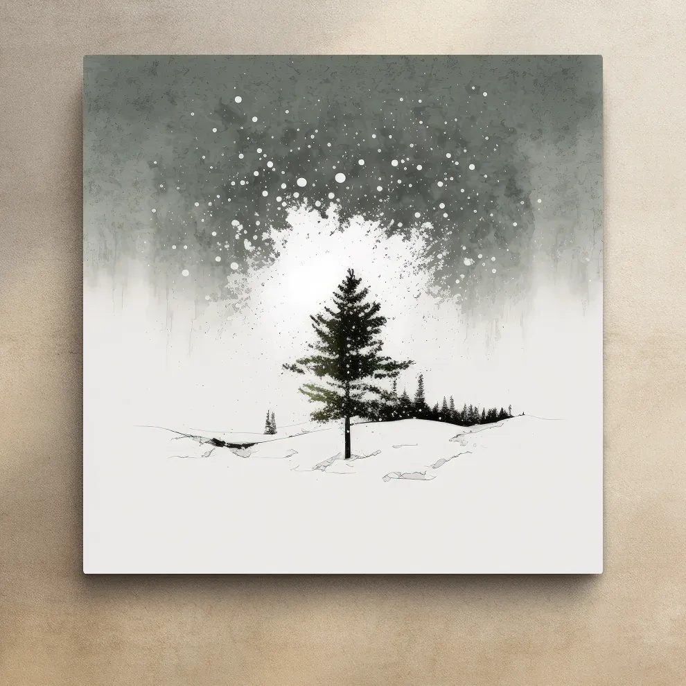 Minimal black and white art painting, lonely winter tree in the snow