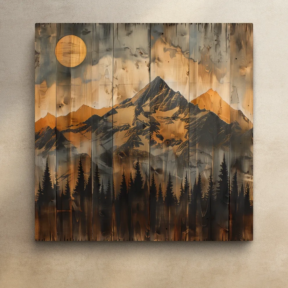 Rustic Woodgrain Mountain Sunset Artwork - Vintage Pine Forest Wall Art
