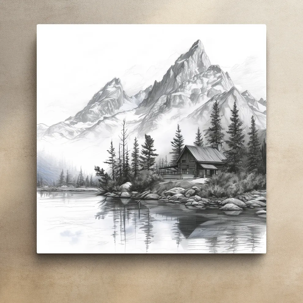 Lead pencil drawing of a cabin by an alpine lake beneath a glacier, mountain art