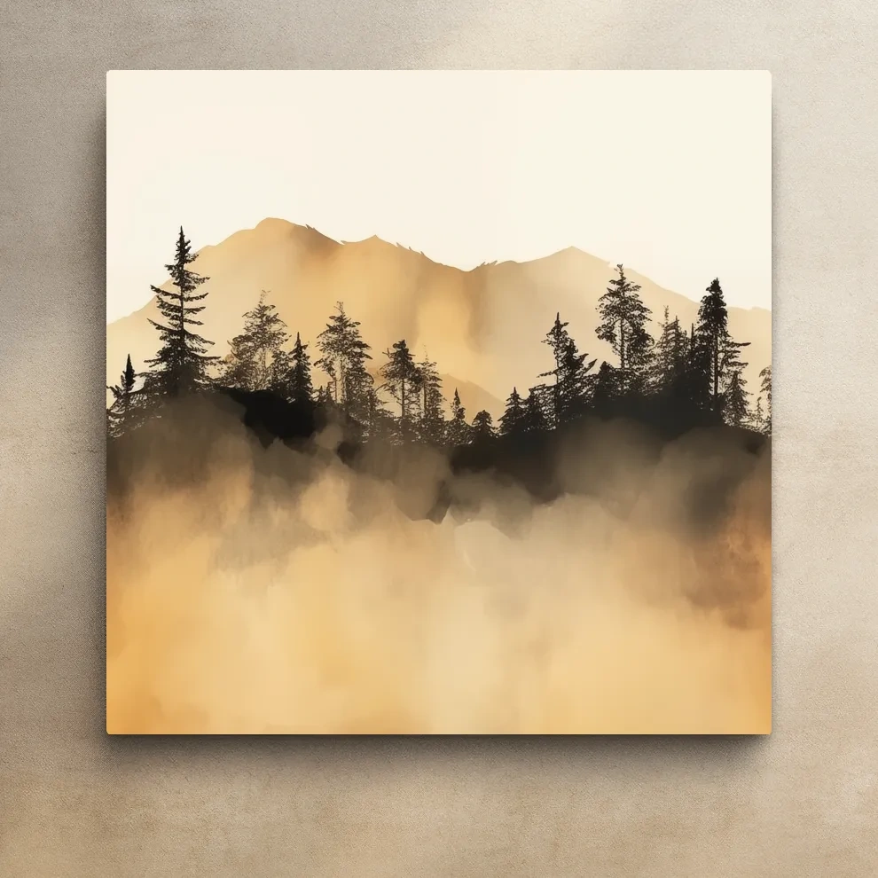 Misty mountain forest artwork, sepia watercolor style canvas painting