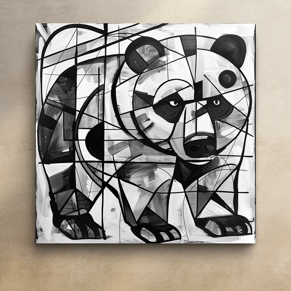 Abstract cubism style painting of a black bear