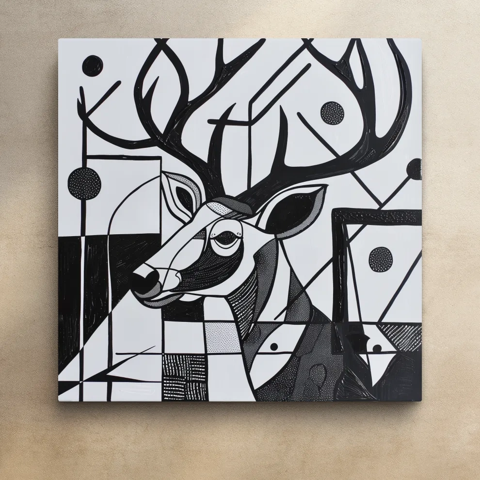 Abstract painting, black & white deer head and antlers artwork