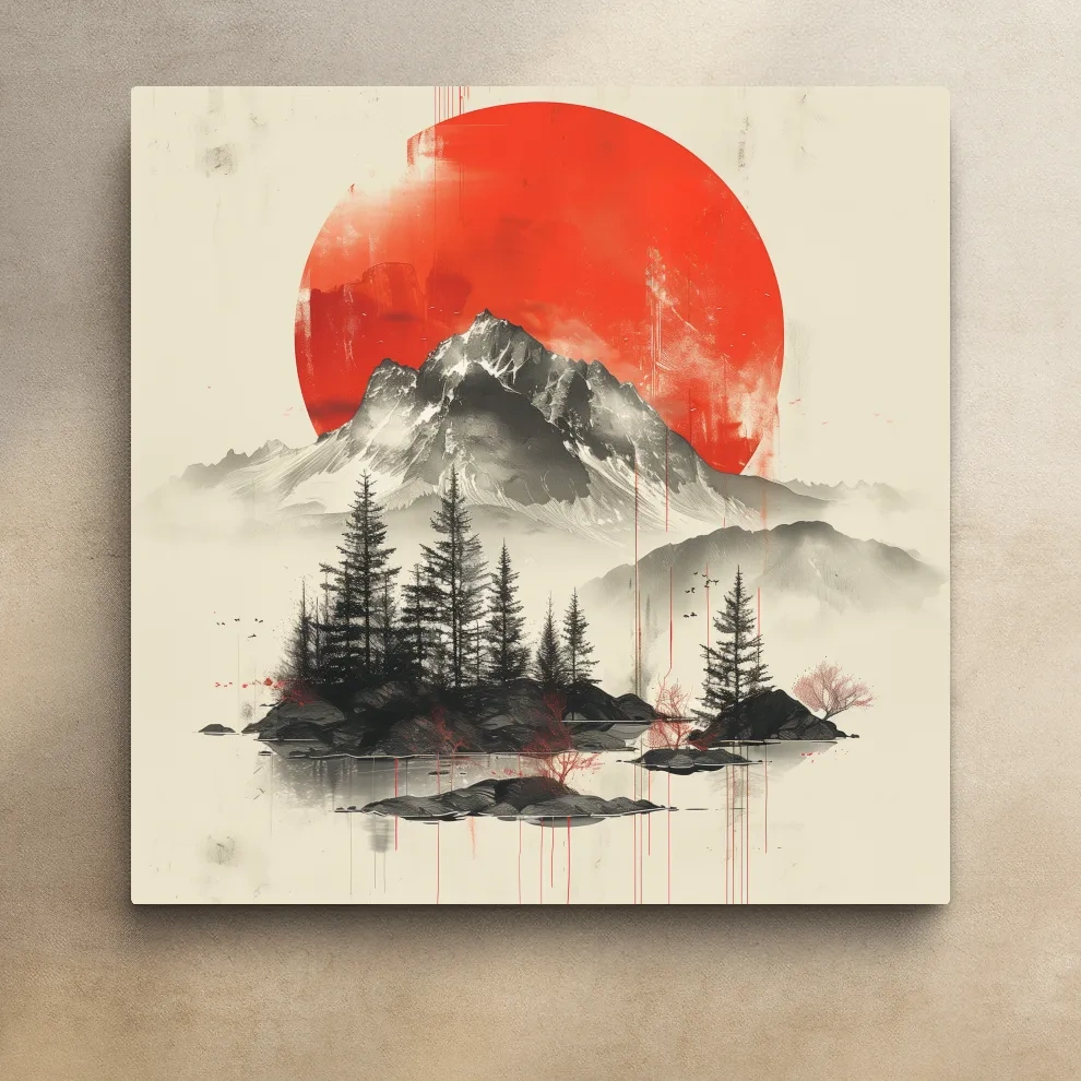 Japandi style minimalist artwork, sunset over a mountain glacier