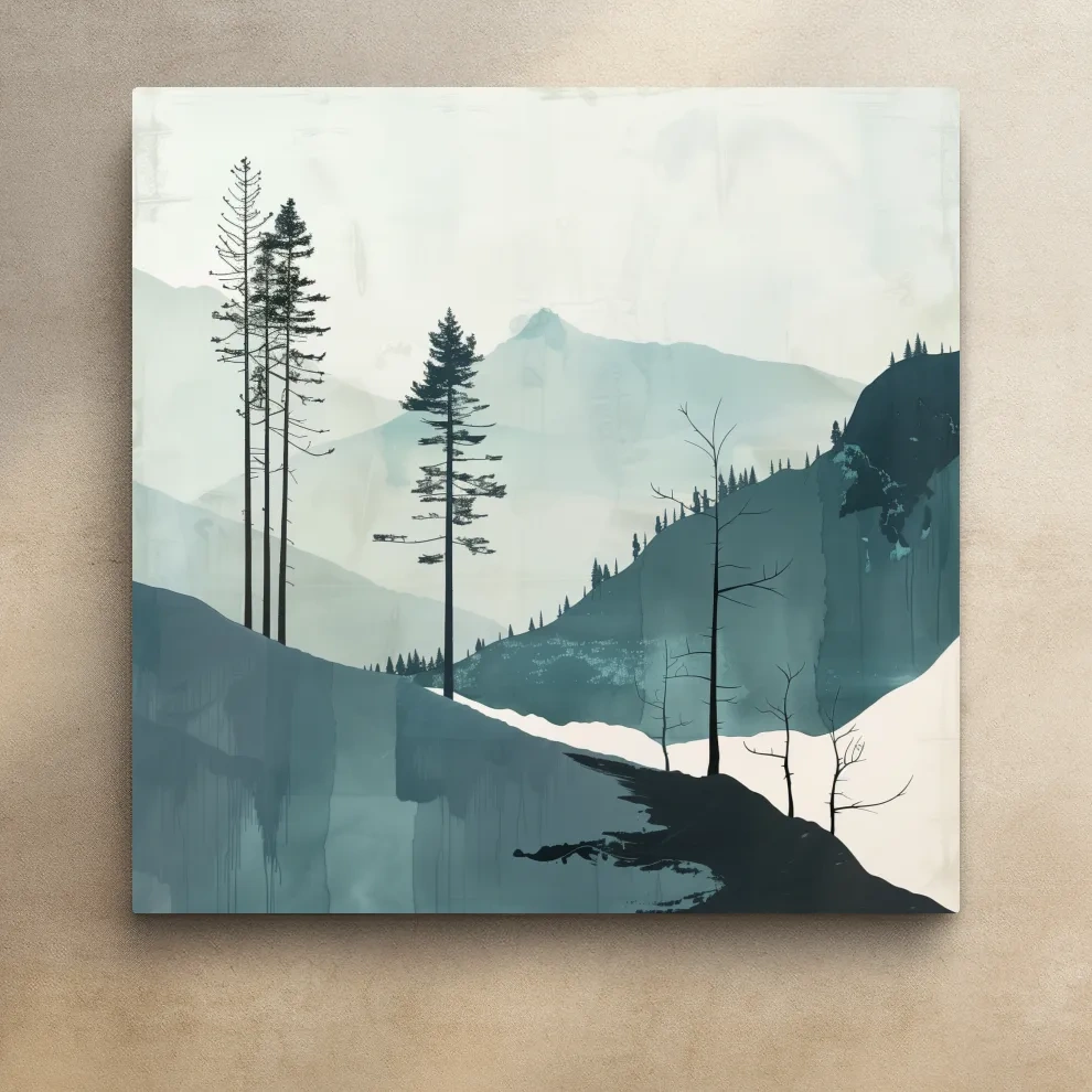Abstract nordic style minimal forest painting, teal artwork