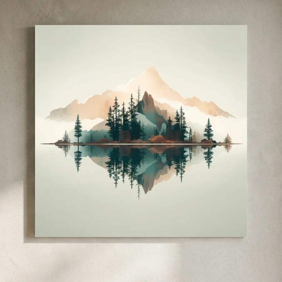 Minimalist Watercolor Mountain Lake Reflection - Serene Pine Forest Landscape Wall Art
