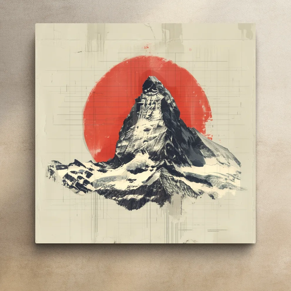 Matterhorn at sunset drawing, Swiss Alps, Japandi style illustration mountain artwork