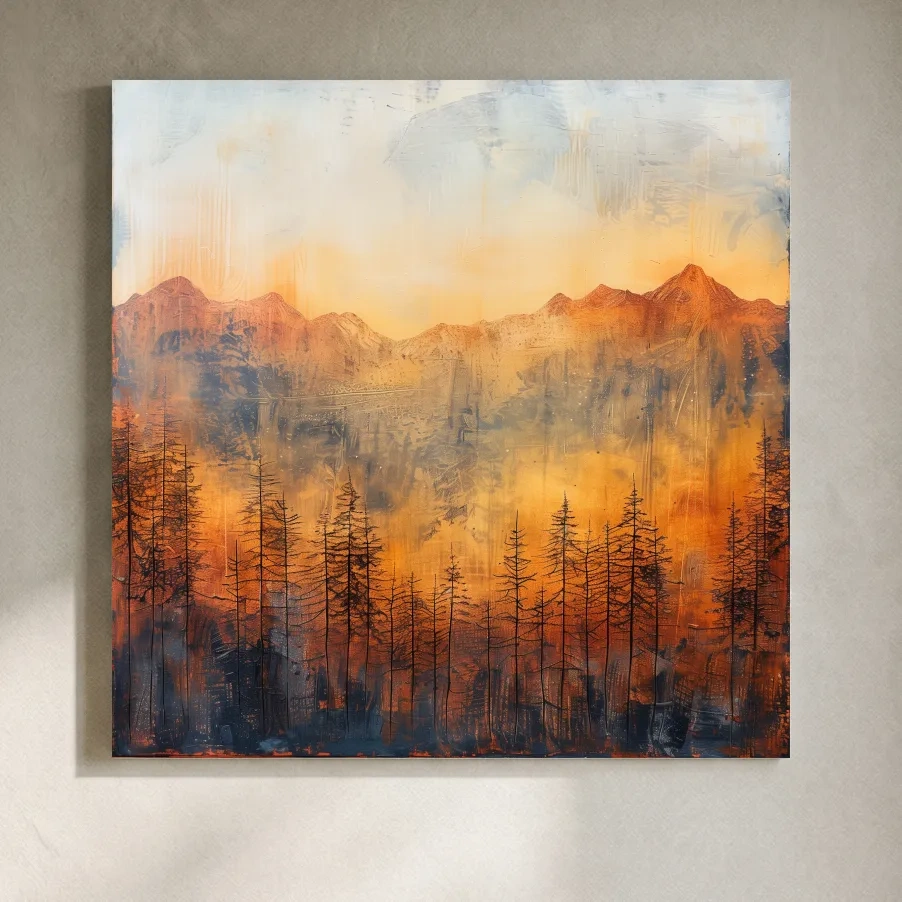 Moody Abstract Mountain Sunrise With Silhouetted Pine Forest - Textured Landscape Painting