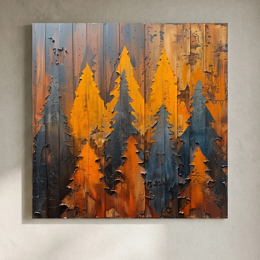 Autumn Pine Forest Silhouettes - Rustic Painted Wood Wall Art