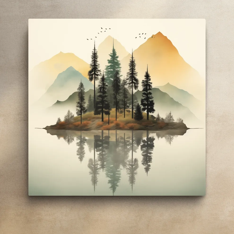 Misty Pine Forest Island Reflection - Minimalist Mountain Lake Wall Art
