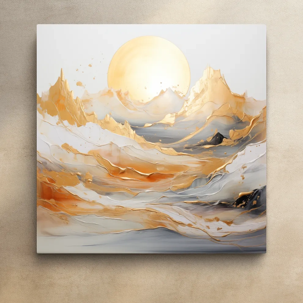 Gold leaf style painting of a mountain landscape