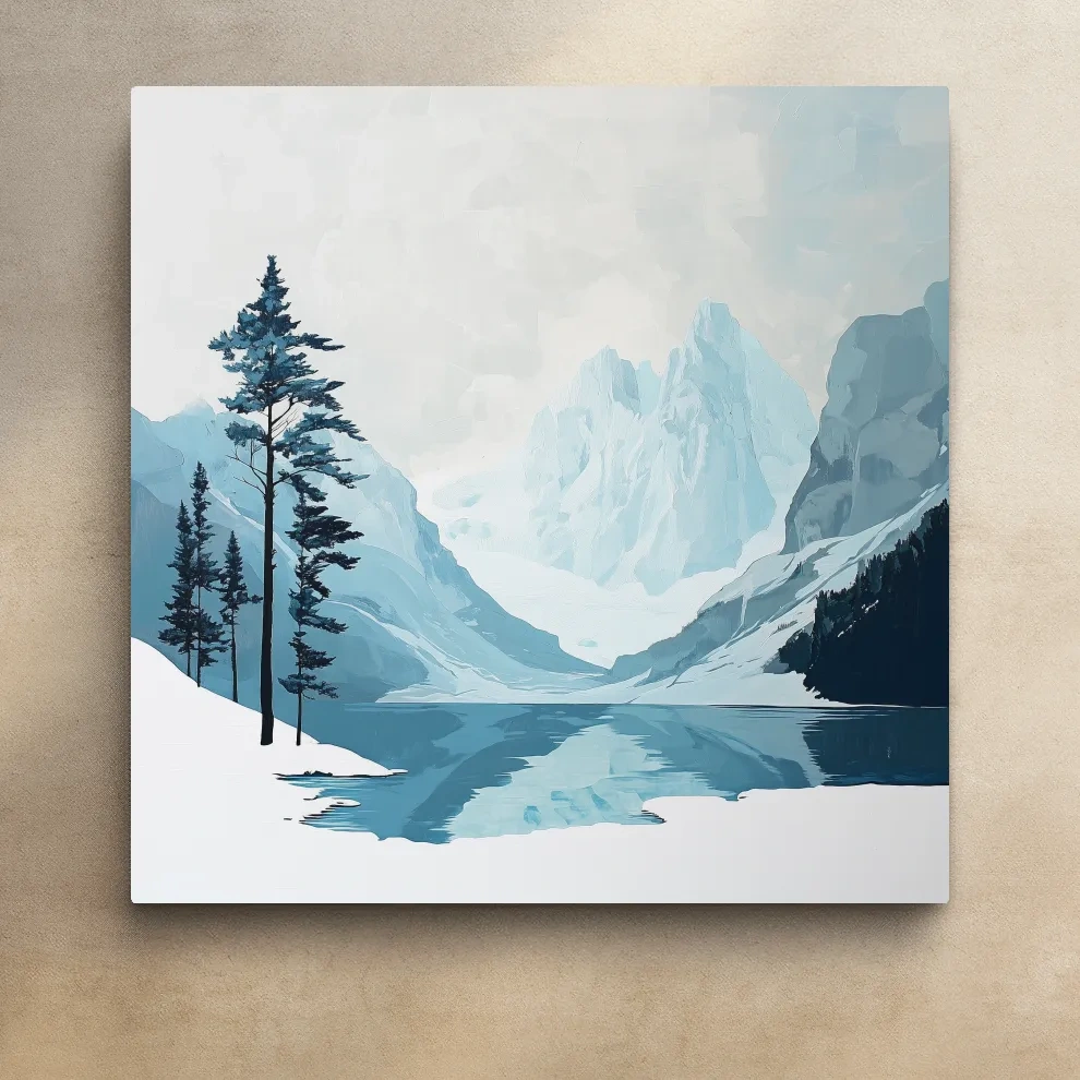Minimalist glacial mountain scene wall art, serene landscapes, painterly effect