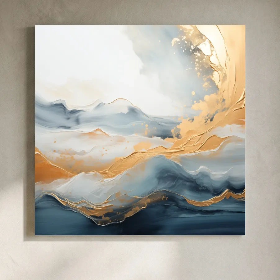 Fluid Abstract Blue And Gold Mountain Landscape - Modern Mixed Media Wall Art