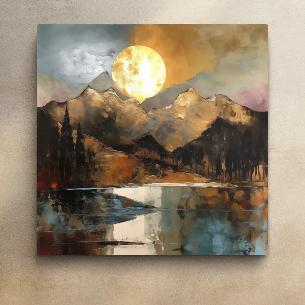 Golden mountain sunset artwork, gold leaf textured style landscape wallart