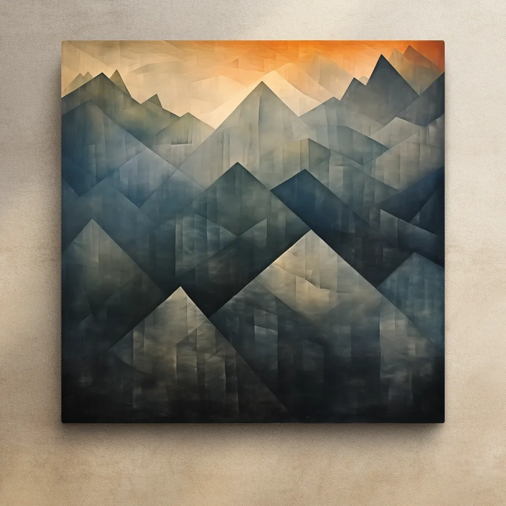 Abstract geometric mountain wall art, gradient shades with warm sunset sky