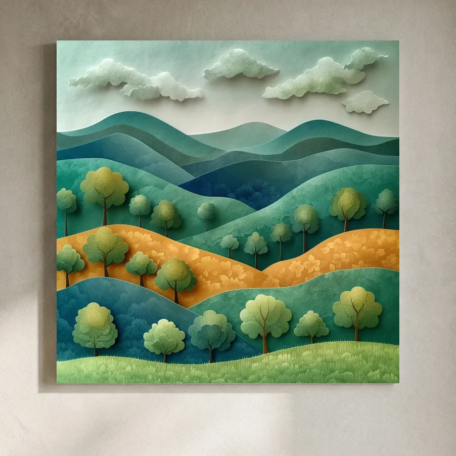 Whimsical Paper Cut Forest Hillscape - Layered 3D Mountains Landscape Wall Art