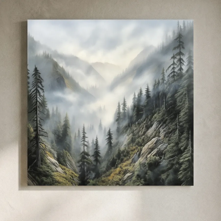 Misty Mountain Valley Pine Forest Painting - Foggy Alpine Landscape Wall Art
