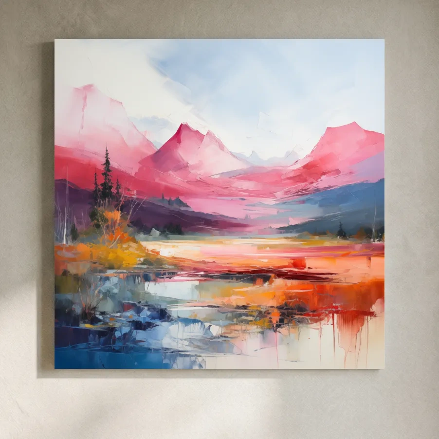 Vibrant Abstract Impressionist Alpine Lake Sunset Painting - Colorful Mountain Wall Art
