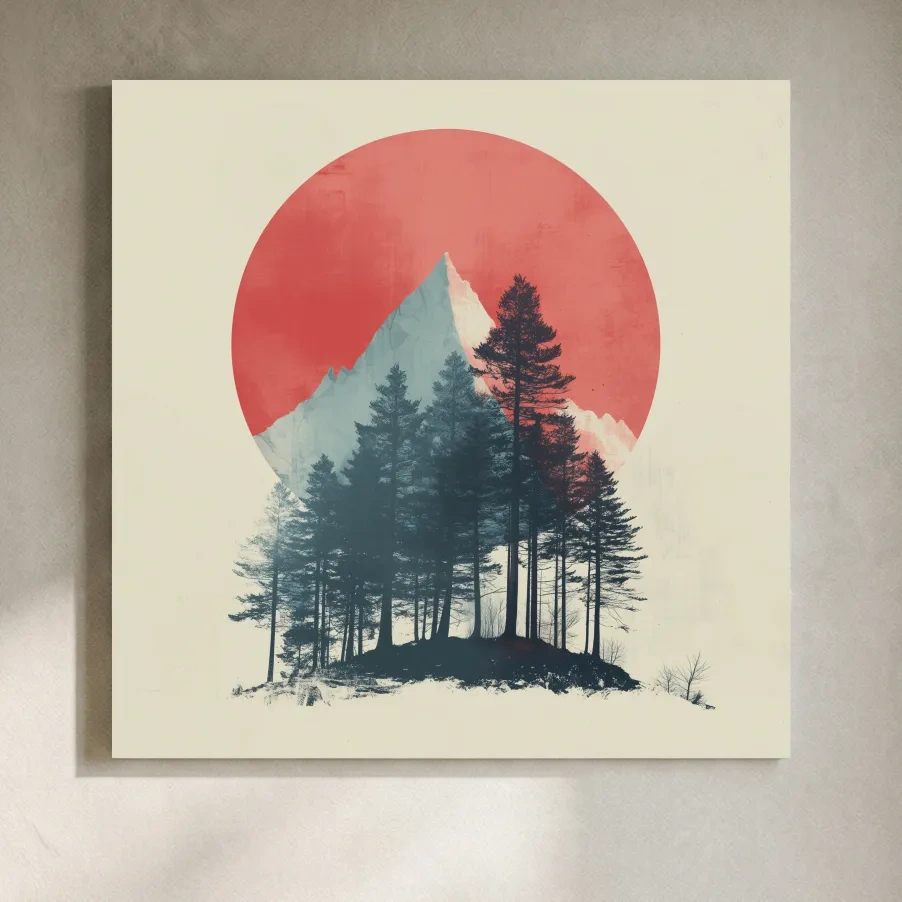 Minimalist Mountain Peak Pine Forest - Scandinavian Sunset Landscape Wall Art