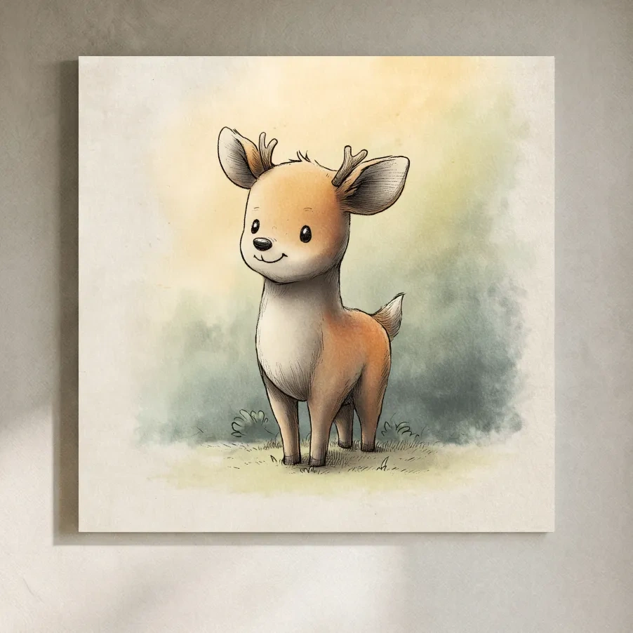 Cute Baby Deer Watercolor Illustration - Whimsical Woodland Nursery Wall Art