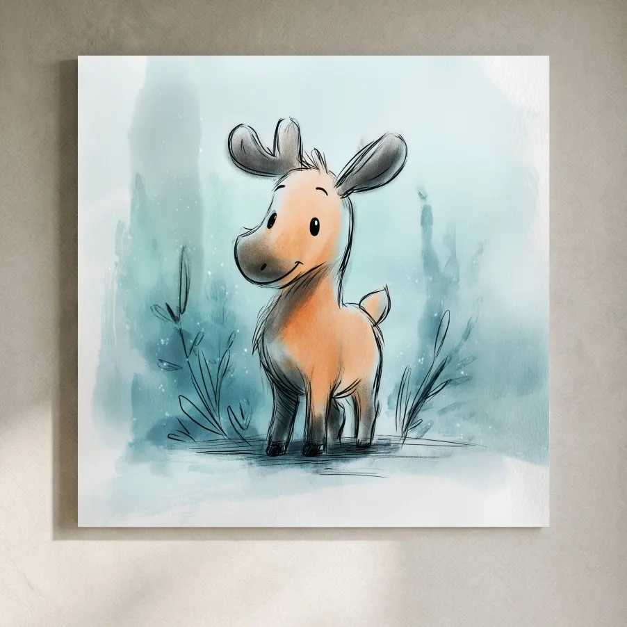 Cute Baby Moose Watercolor Illustration - Whimsical Nursery Wildlife Wall Art