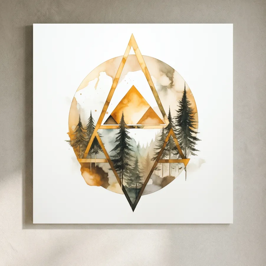 Rustic Elegant Watercolor Mountain Pine Forest - Abstract Golden Geometric Nature Wall Art