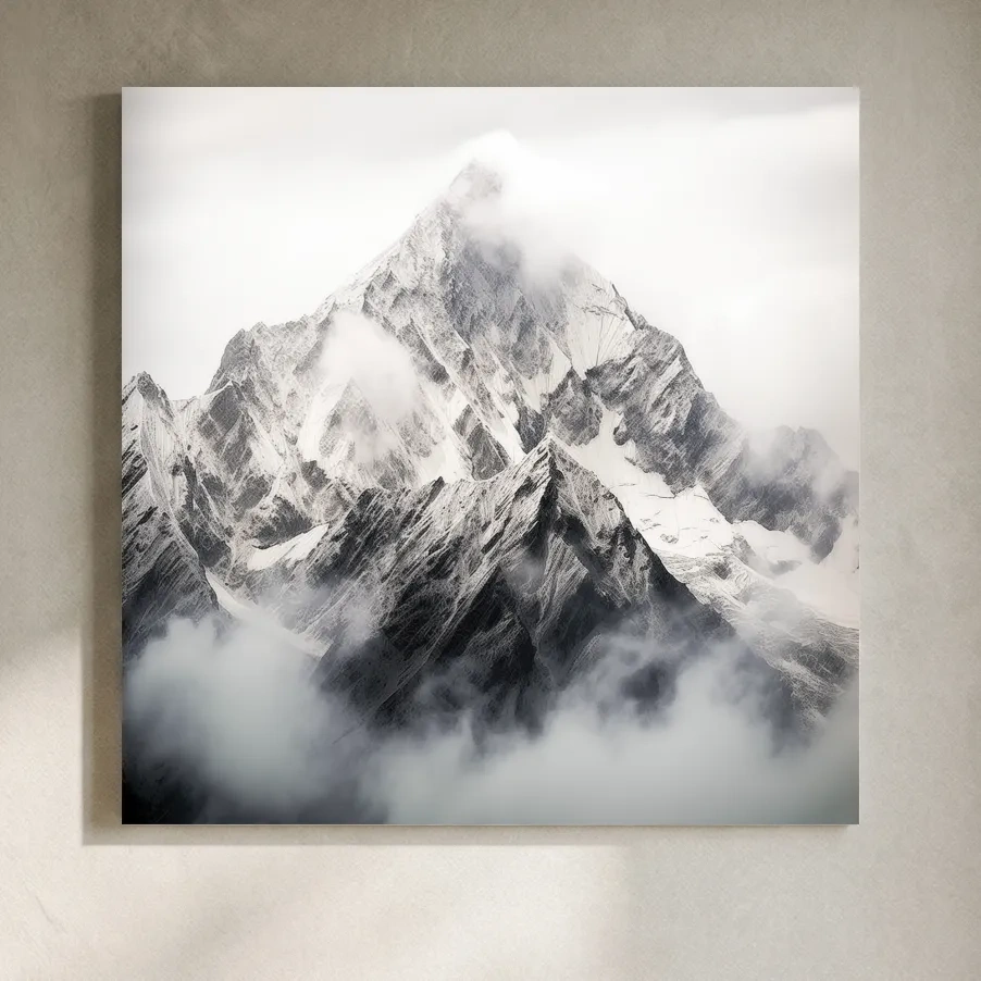 Snowcapped Alpine Peak Photography - Monochrome Mountain Wall Art
