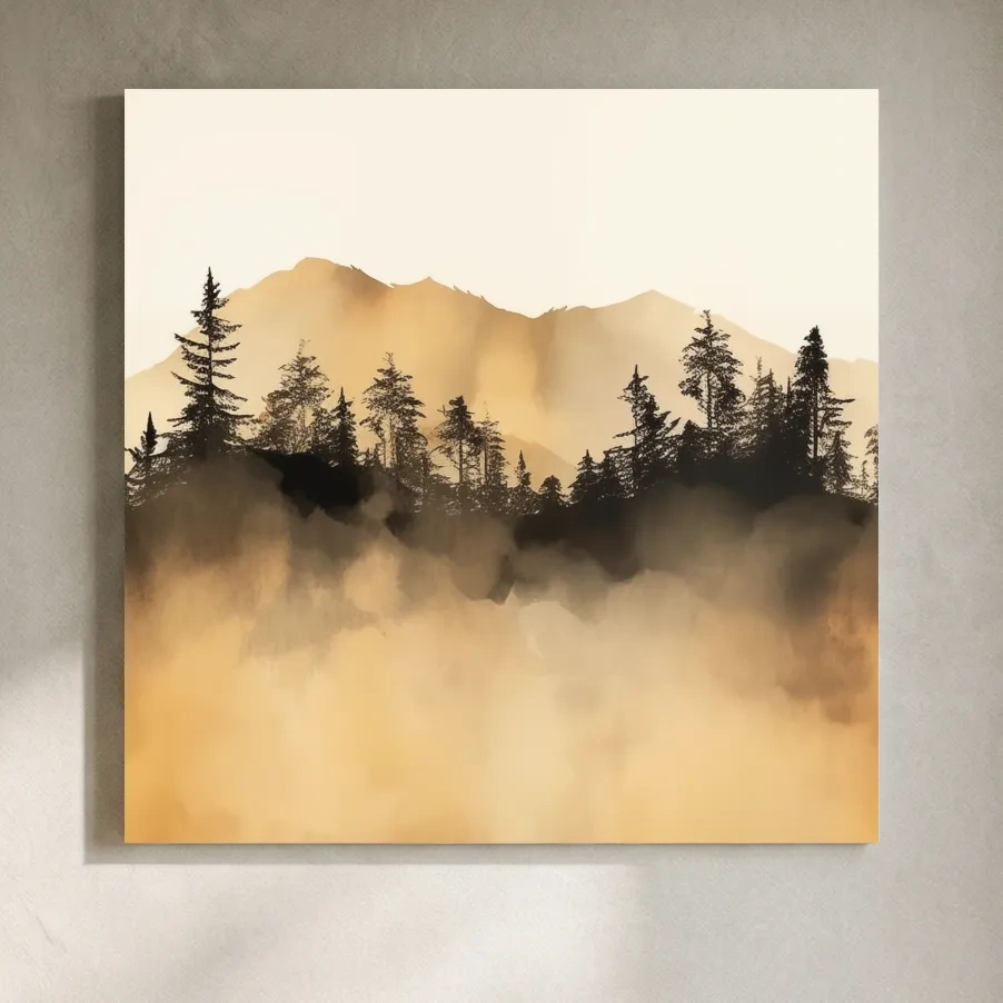 Misty Golden Mountain Pine Forest - Sepia Watercolor Landscape Wall Art