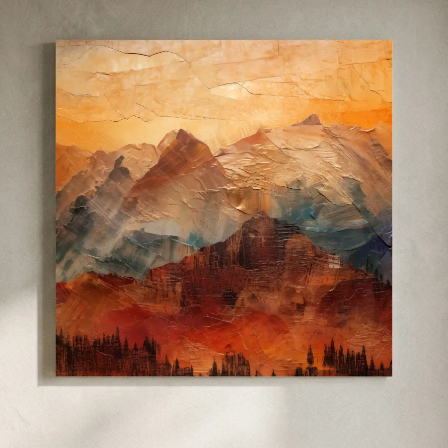 Impasto Style Abstract Mountain Range Sunset - Warm Rustic Landscape Wall Art