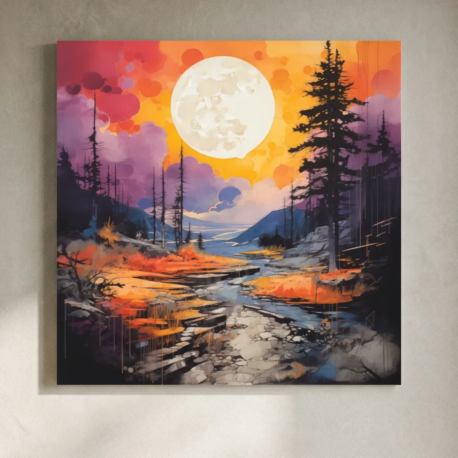 Vibrant River Valley Landscape Illustration - Abstract Sunset Forest Wall Art