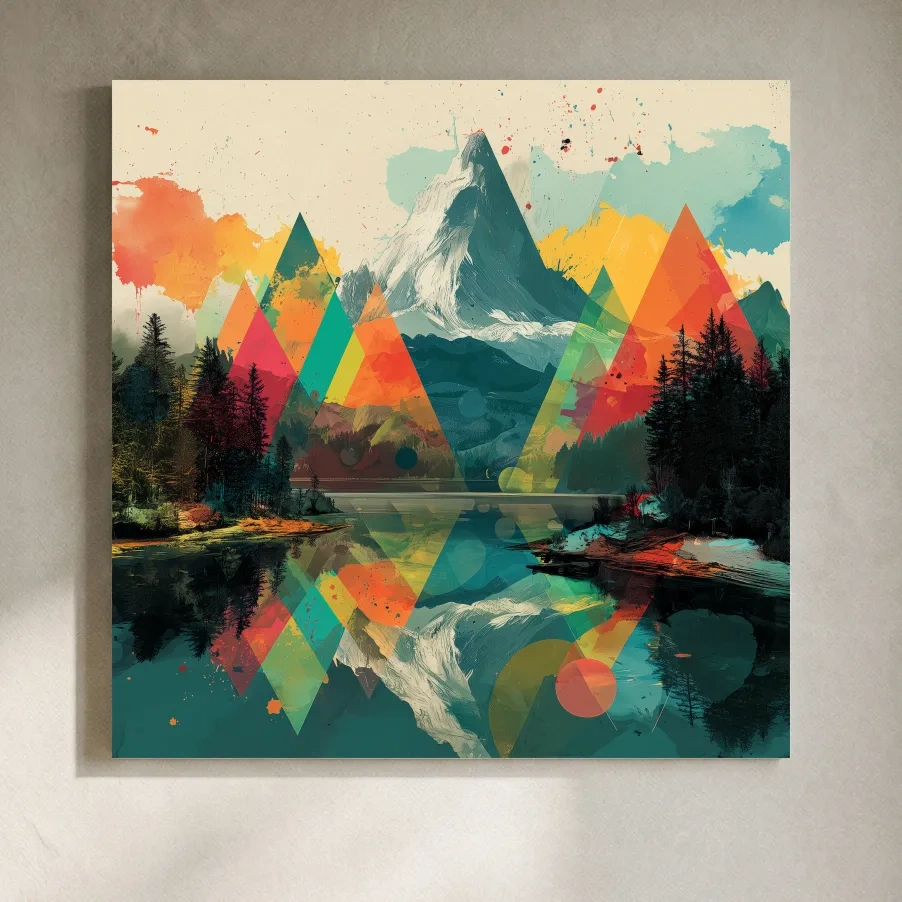 Vibrant Abstract Mountain Lake Collage Art - Colorful Alpine Wall Art