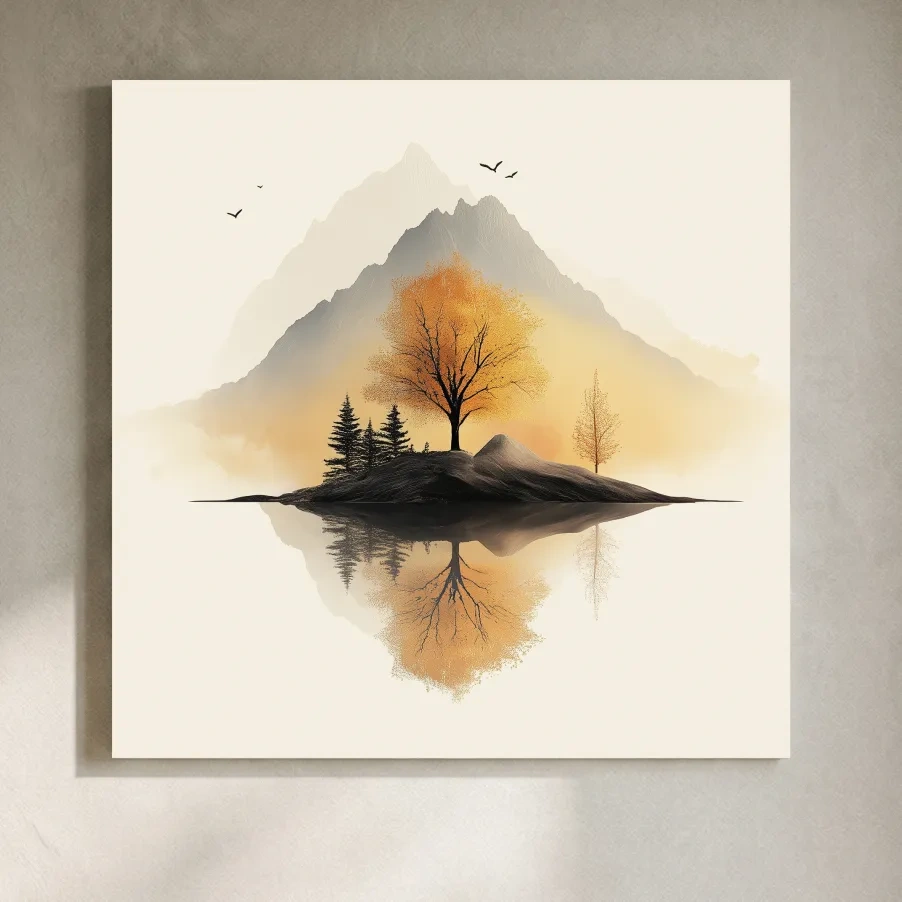 Minimalist Misty Mountain Lake Illustration - Serene Autumn Tree Landscape Wall Art