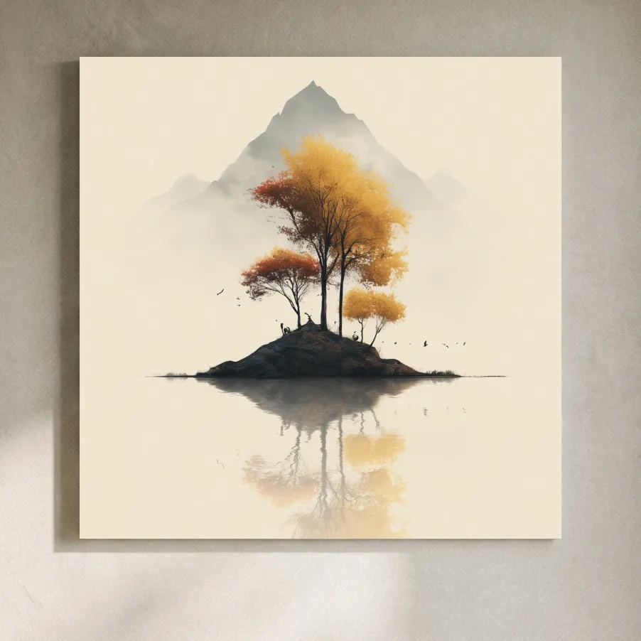 Minimalist Autumn Trees On Misty Lake Island - Serene Mountain Landscape Wall Art