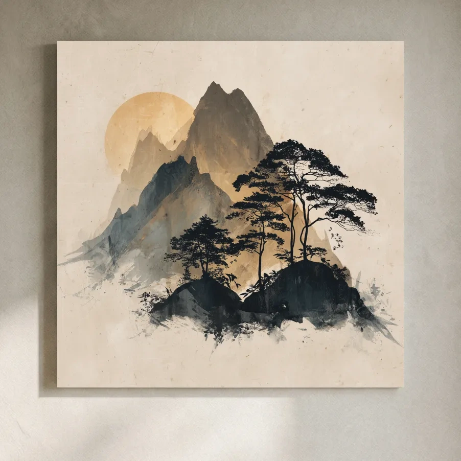 Zen Ink Wash Mountain Sunrise - Minimalist Japanese Pine Landscape Wall Art
