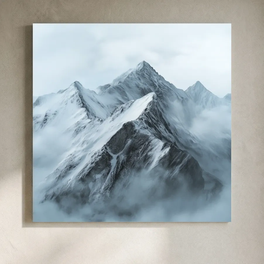 Misty Snowcapped Alpine Peak Landscape - Monochrome Photographic Mountain Wall Art