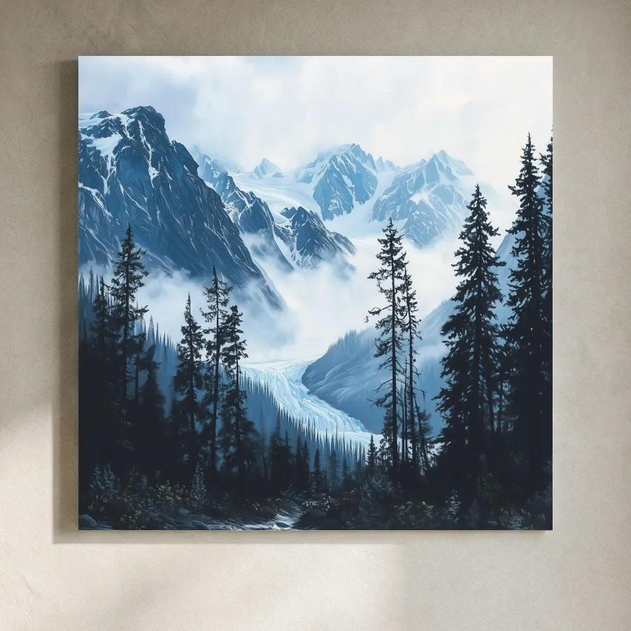 Misty Alpine Glacier Valley Landscape - Moody Mountain Forest Wall Art