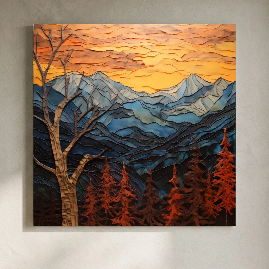 Layered Paper Cut Alpine Mountain Sunset - Mixed Media 3D Landscape Wall Art