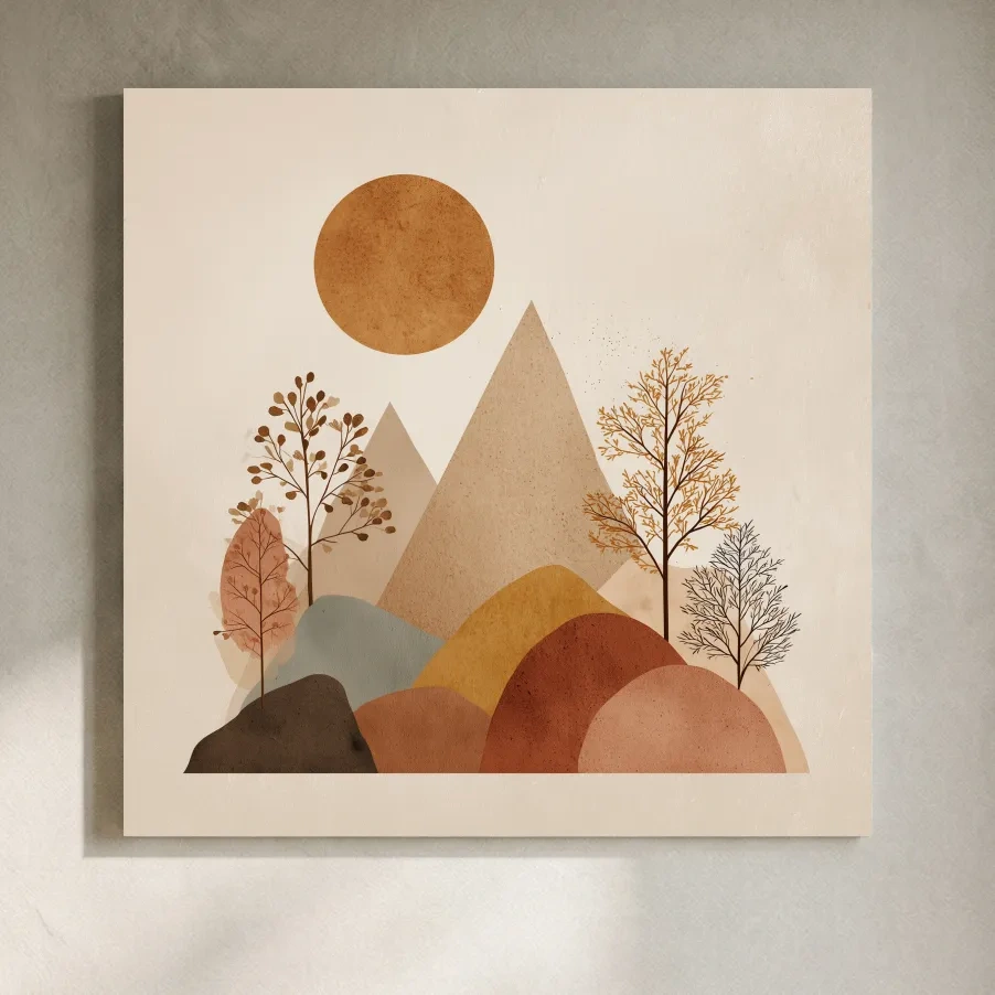 Minimalist Scandi Mountain Sunset Landscape - Boho Neutral Earth Tone Wall Art