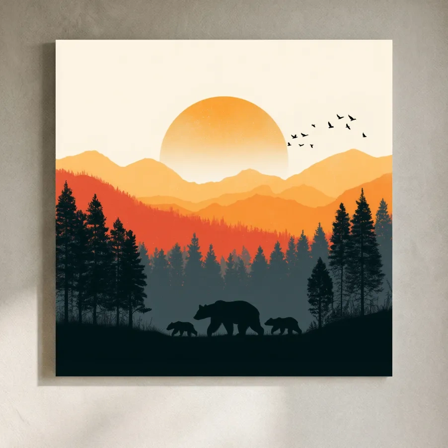 Sunset Mama Bear & Cubs Silhouette - Wildlife Forest Landscape Wall Art